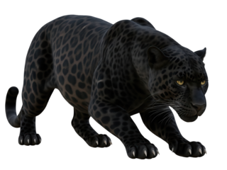 a black panther (melanistic leopard) crouching low, glossy black coat with subtle patterning, fully visible in frame, isolated on a transparent background