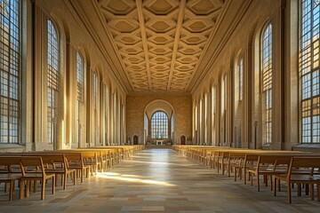 Fototapeta premium The interior of Denmark's national church features very tall and wide columns, with long wooden chairs arranged in rows on both sides of an empty central