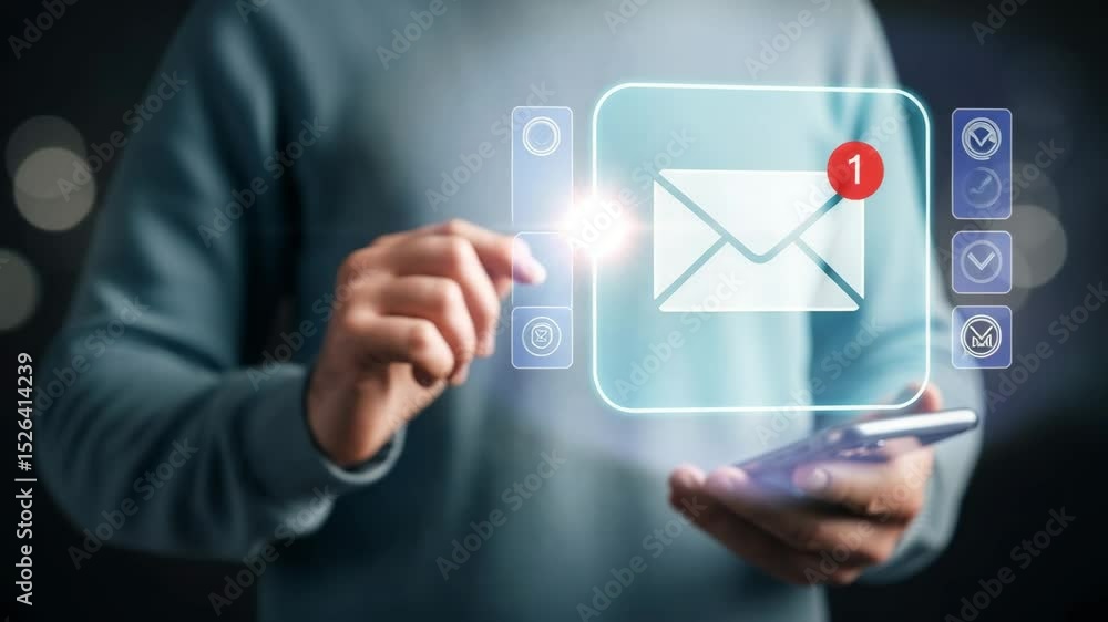Poster person holding phone touching email notification icon with number one on a blue interface box