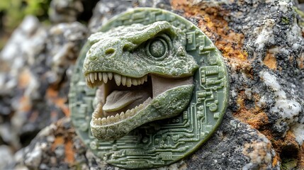 Robotic Dinosaur Sculpture on Rock