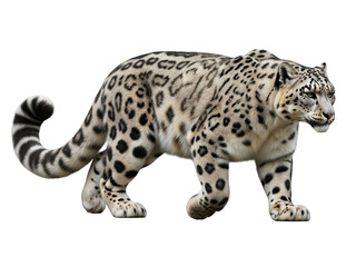 a snow leopard walking, thick white-gray coat with dark rosettes and long tail, fully visible in frame, isolated on a transparent background