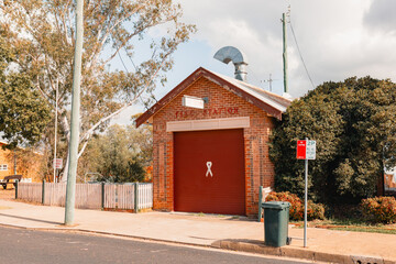 Historic fire station in regional New South Wales with white ribbon on door
