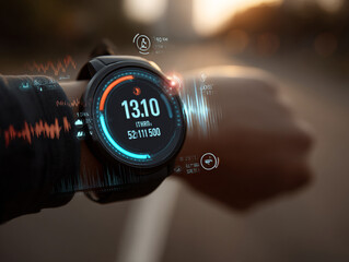 Smartwatch showing fitness stats while person runs outdoors, motion and data concept