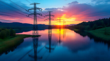 Sunset Power Lines Landscape