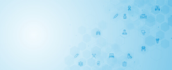 Abstract medical background with flat icons in hexagons. Design for science, medicine or technology, innovation medicine, health