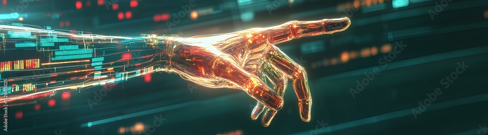 Poster human-like robotic hand reaches out in a high-tech environment with glowing elements and digital pat