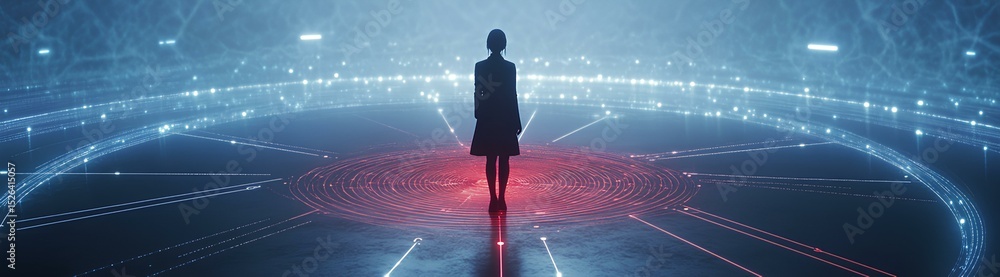 Poster person stands in a futuristic environment surrounded by glowing lights and patterns, creating a mesm