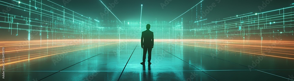 Poster man stands in a futuristic digital landscape with glowing lines and shapes during a striking visual 