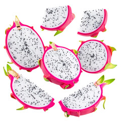 dynamic floating dragon fruit sliced on white