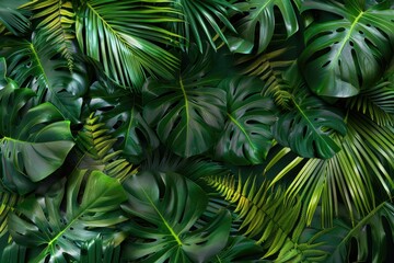 Detailed Color Picture of Green Tropical Leaves Arrangement in Rainforest