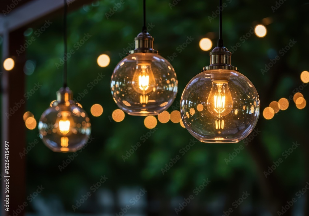Poster hanging globe lights illuminate a dark outdoor space with soft bokeh