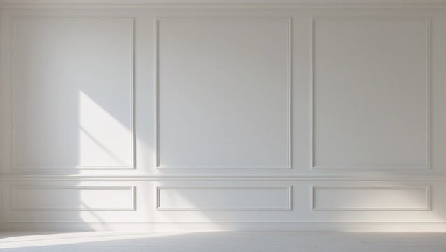 Blank white wall with modern moldings, neutral tone, no objects or sunlight