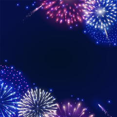 Vector shiny fireworks explosions. Pink, white and blue firecrackers. Holiday decoration for 4th of July, Christmas and New year party. Festive background for birthday invitations, wedding, diwali.