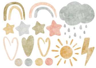 Watercolor rainbow, heart, star, sun, and cloud, raindrop, lightning, dot, digital texture. Perfect for nursery, baby, girly