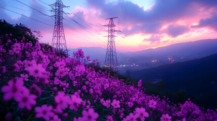 Sunset Landscape with Flowers and Towers