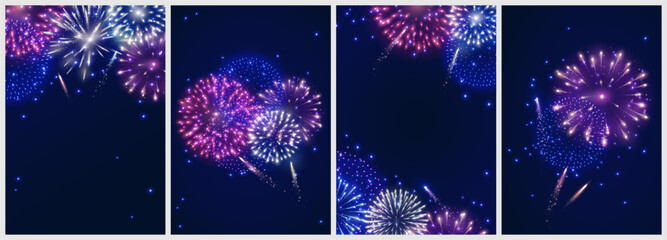 Vector shiny fireworks explosions. Pink, white and blue firecrackers. Holiday decoration for 4th of July, Christmas and New year party. Festive background for birthday invitations, wedding, diwali.