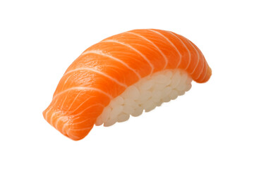 Close-up of fresh salmon nigiri sushi isolated on white background, showcasing traditional Japanese cuisine with tender raw salmon over vinegared rice, perfect for food menus and culinary concepts