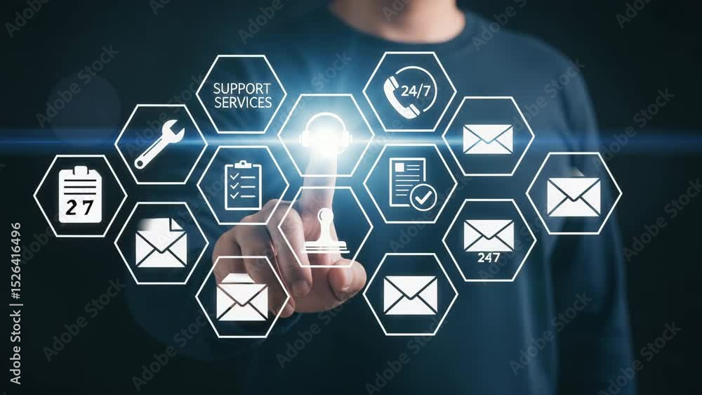 Poster man in blue shirt touching digital support services interface with wrench and checklist icons