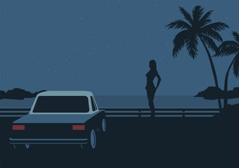 Night background with car vector, flat illustration