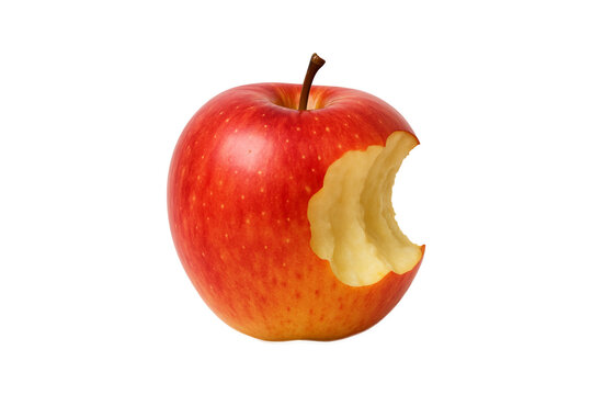 Fresh red apple with a single bite taken out, isolated on white background, showcasing juicy fruit texture, healthy snack, organic nutrition, perfect for diet, lifestyle, food advertising