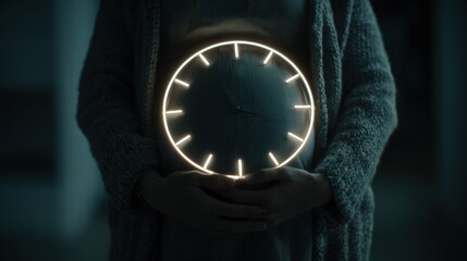 Pregnant woman gently holding a glowing clock against her belly, symbolizing the anticipation and passage of time as she awaits the arrival of her baby