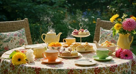 Sunny Outdoor Tea Party with Pastries and Flowers