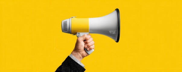 Hand Holding Megaphone on Bright Yellow Background Communicating Important Messages or Announcements
