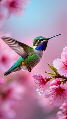 Fototapeta premium Vibrant Hummingbird in Flight Amongst Delicate Pink Blossoms