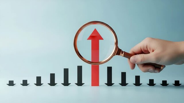 Hand holding magnifying glass over red up arrow among black down arrows on blue background