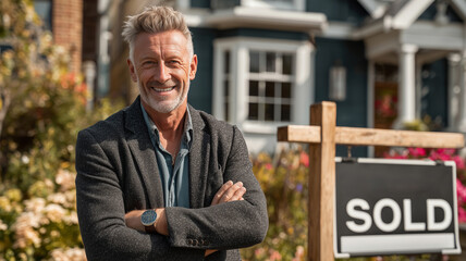 A cheerful real estate agent stands proudly in front of a just sold home