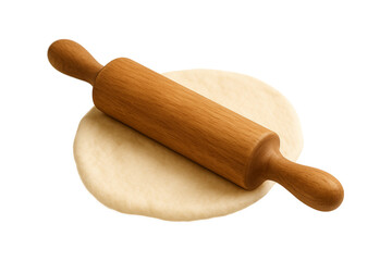 Rolling pin pressing dough on white background – baking concept, homemade pastry preparation, isolated kitchen utensil