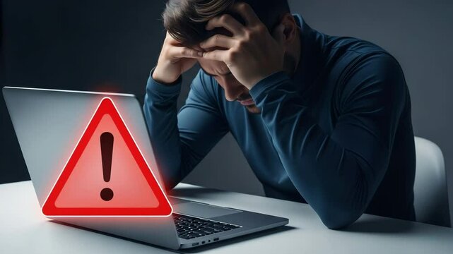 Man with head in hands facing laptop displaying red warning sign on a white surface indoors