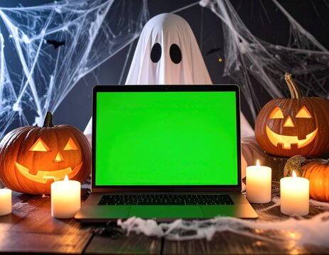 Halloween laptop with green screen, ghost, and pumpkins