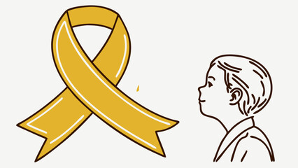 Yellow awareness ribbon with boy looking up against a neutral background  