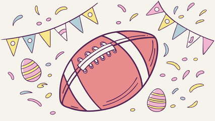 Illustrated football with festive decorations and colorful confetti  