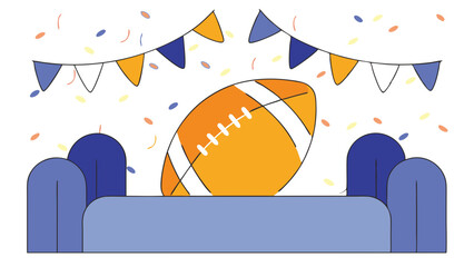 Colorful football decoration with couch and bunting for celebration  