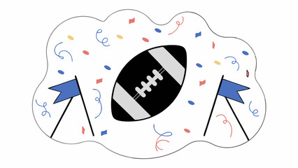 Football graphic with colorful confetti and flags in celebratory style  