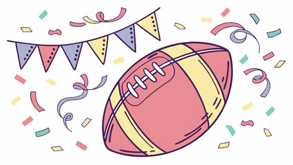 Colorful football with festive decorations and confetti in background  