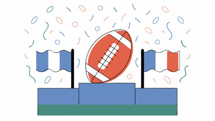 Football on podium with flags and confetti in celebration style  