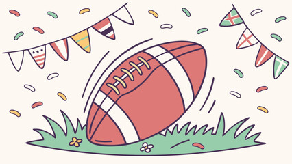 Rugby ball rolling on green grass with festive decorations around  