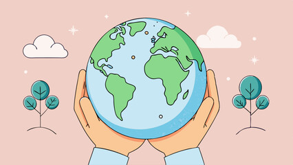 Hands holding globe with trees and clouds in a pastel background  
