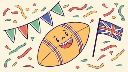 Cartoon rugby ball smiling with flags and confetti in a festive setting  