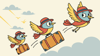 Cartoon birds flying with suitcases in whimsical style  