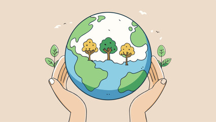 Earth in hands with trees and leaves in illustration style  