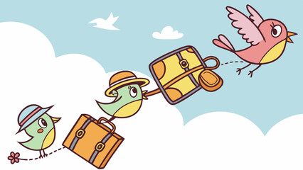 Colorful cartoon birds traveling with luggage in a blue sky  