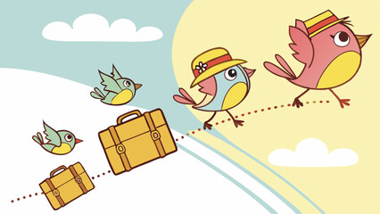 Colorful cartoon birds traveling with suitcases in the sky  