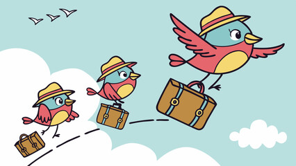 Three cartoon birds flying with suitcases against a blue sky  