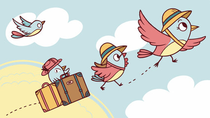 Cartoon birds flying with luggage in blue sky with clouds  