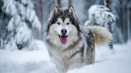 Naklejka premium A Beautiful Malamute Dog Playing in Deep Snow