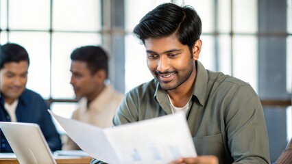 Indian office team reviewing documents and charts during a goal-setting meeting
